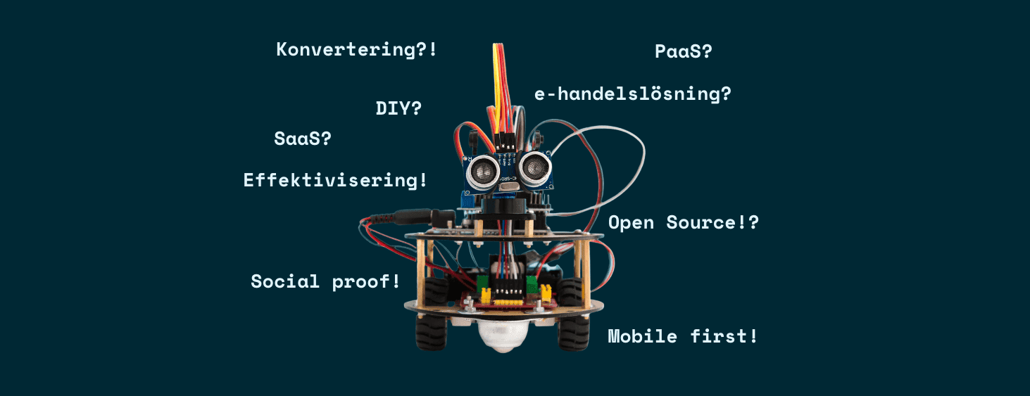 En liten robot med e-handelstips i textformat runtomkring sig.